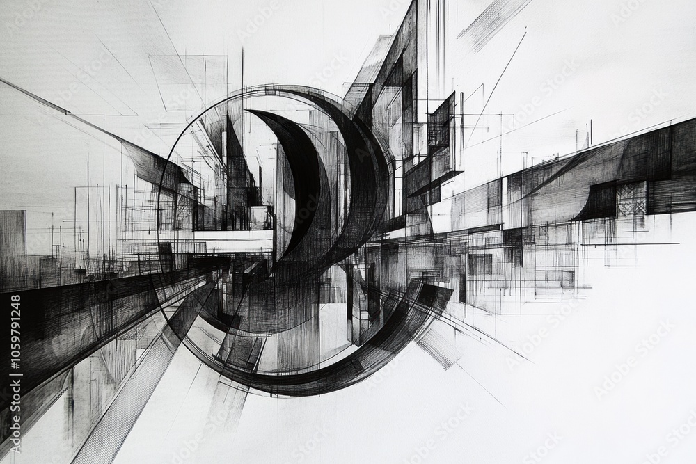 Poster the artwork features a dynamic urban landscape using black ink, filled with sharp lines and geometri