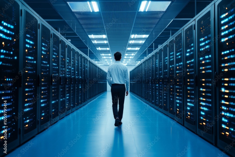 Poster an individual walks through a long, illuminated hallway lined with server rooms, symbolizing the vas
