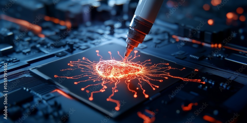 Poster a pen's tip creates a glowing circuit design on a chip, symbolizing creativity, precision in technol