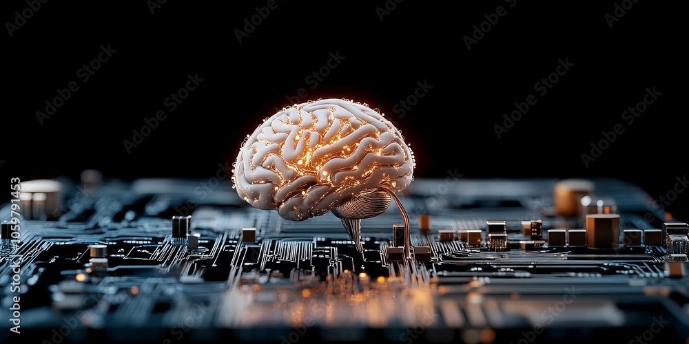 Poster a digital brain sits atop a motherboard, illuminating with neural-like connections, representing the