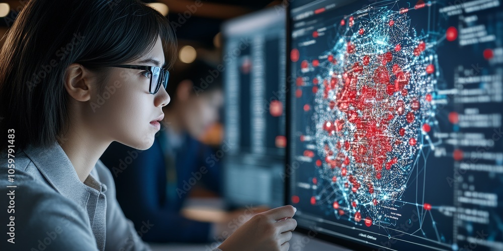 Poster a female analyst studies an expansive digital network displayed on her screen, reflecting the intric