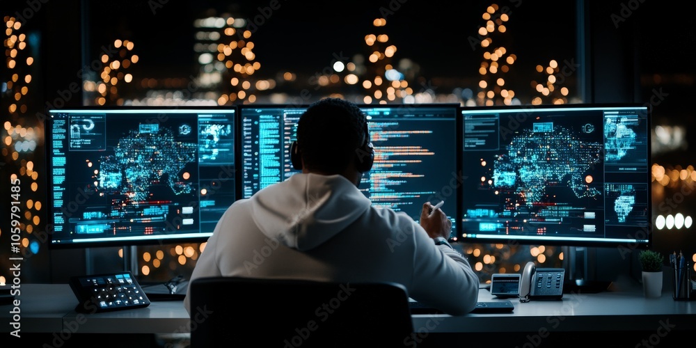 Poster a developer is absorbed in coding while surrounded by multiple screens at night, showcasing dedicati