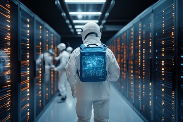 An astronaut-like figure in a server room, wearing a high-tech backpack with a digital display, signifies exploration, space-age tech, and connectivity advances.