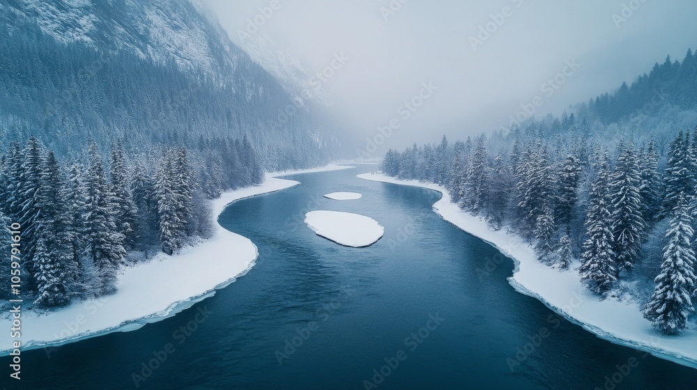 Aufkleber a tranquil winter landscape features a winding river flowing through a pristine blanket of snow. tow