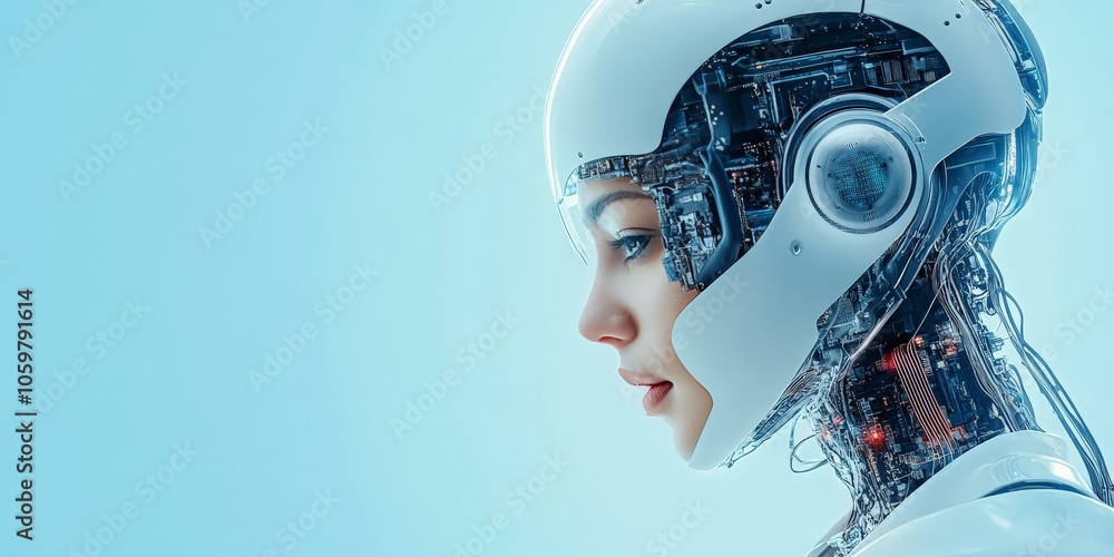 Poster a side profile of a humanoid robot showcasing intricate inner circuitry, emphasizing advanced techno
