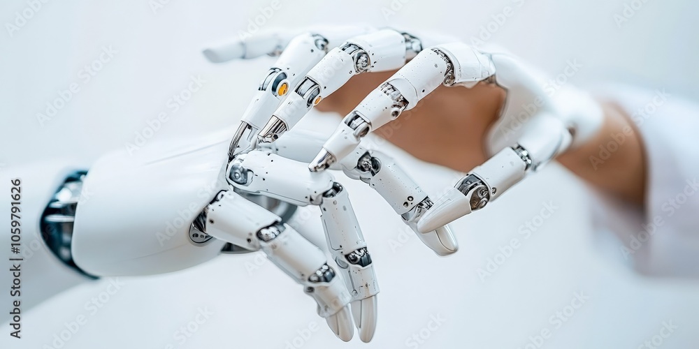 Poster a human hand is depicted in delicate interaction with an advanced robotic hand, symbolizing the conn