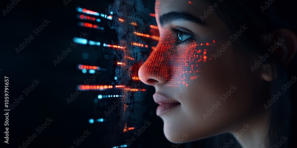 Poster a close-up view of a digital face with red neon data streams presents a fusion of human features and