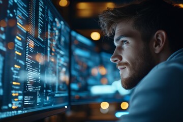 A focused male programmer working with multiple computer screens, displaying lines of code, creating a nighttime ambiance of dedication and technological passion.