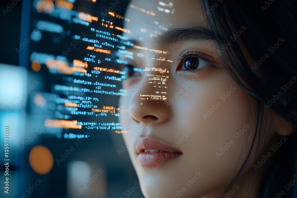Poster a close-up view of a face is artfully reflected with coding data, symbolizing the integration of hum