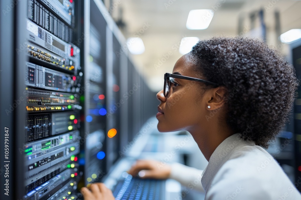Poster a focused technician works on a server in a data center, showcasing dedication and intelligence in m