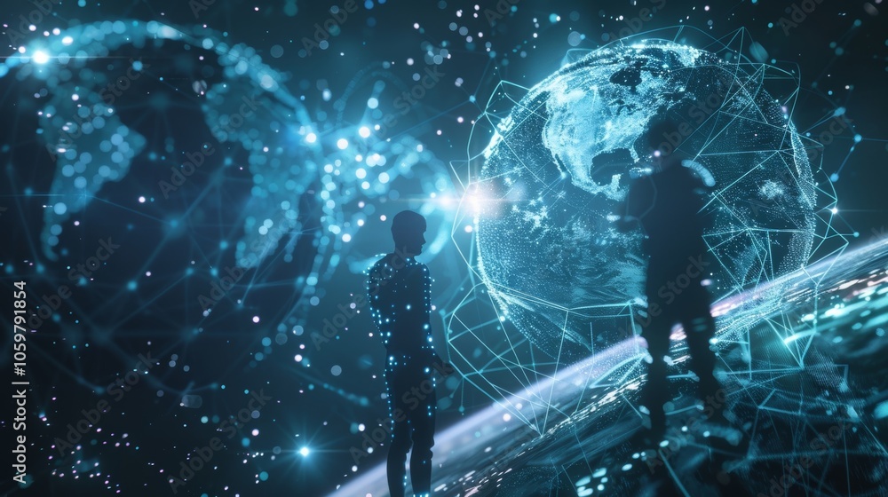 Poster two engineers are developing a futuristic global network technology, connecting continents and shari