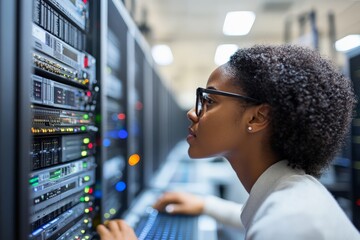 A focused technician works on a server in a data center, showcasing dedication and intelligence in managing and maintaining technological infrastructure.