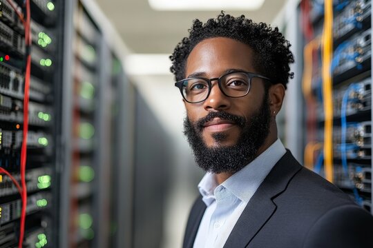A confident professional in a suit, wearing glasses, stands in a high-tech data center with servers, exuding expertise and reliability in a digital workspace.