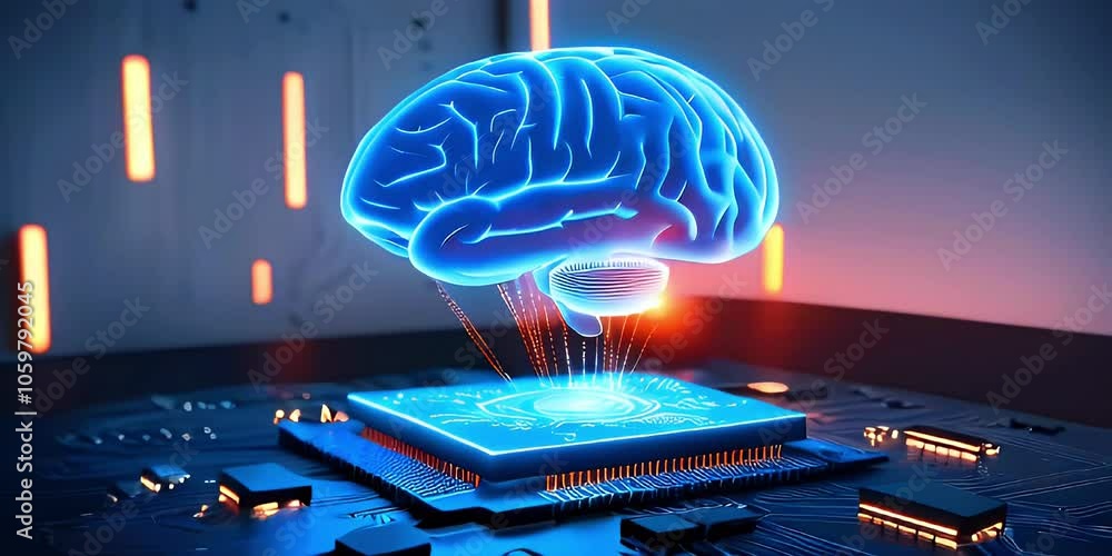 Poster a glowing blue brain levitates above a computer chip, representing artificial intelligence and the f