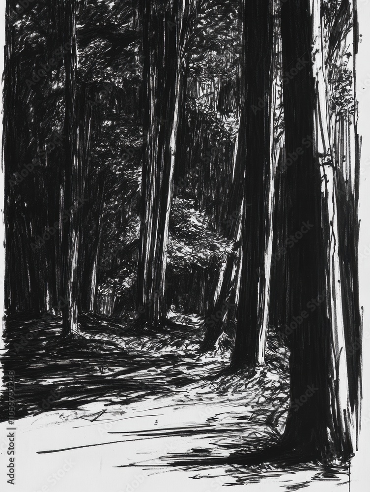 Poster A detailed black ink sketch showcases a dense forest, revealing intricate tree details and deep shadows that create a mysterious atmosphere. Generative AI