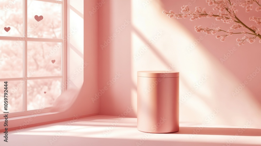 Poster soft pink aesthetic with empty container by the window