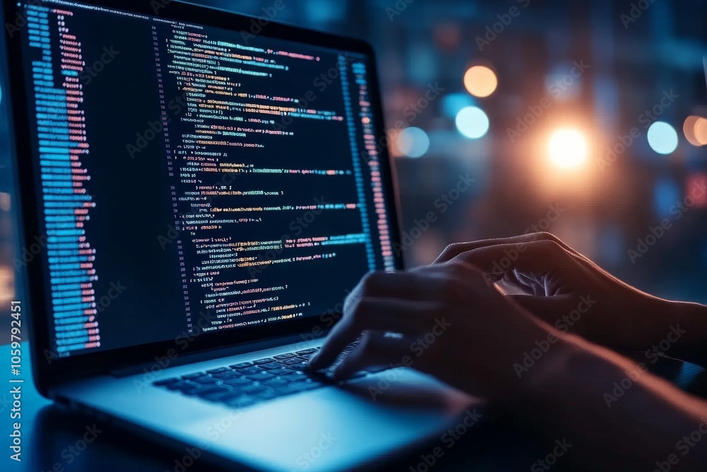 Poster in a dimly lit setting, mysterious hands work potentially on coding a software project on a laptop, 