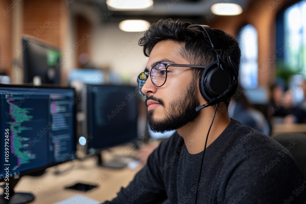 Poster a developer wearing a headset intensely focuses on coding at a computer in a modern tech office, ill