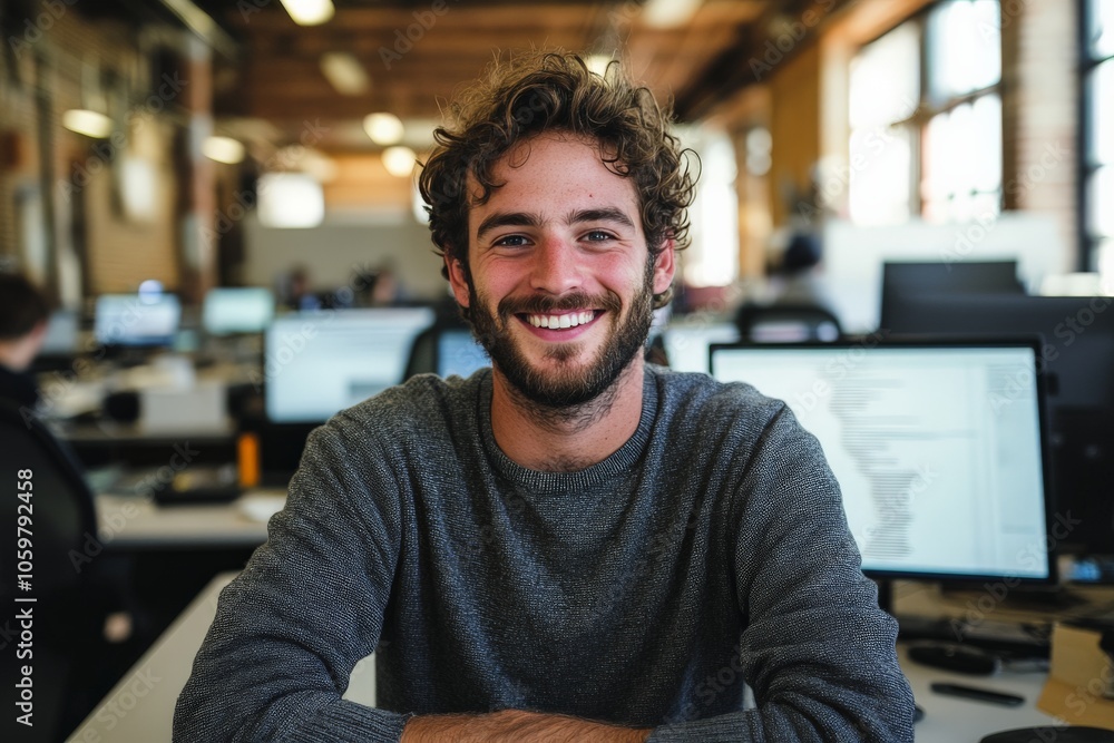 Poster a cheerful developer with curly hair sits relaxed in a contemporary office setting, exuding positivi