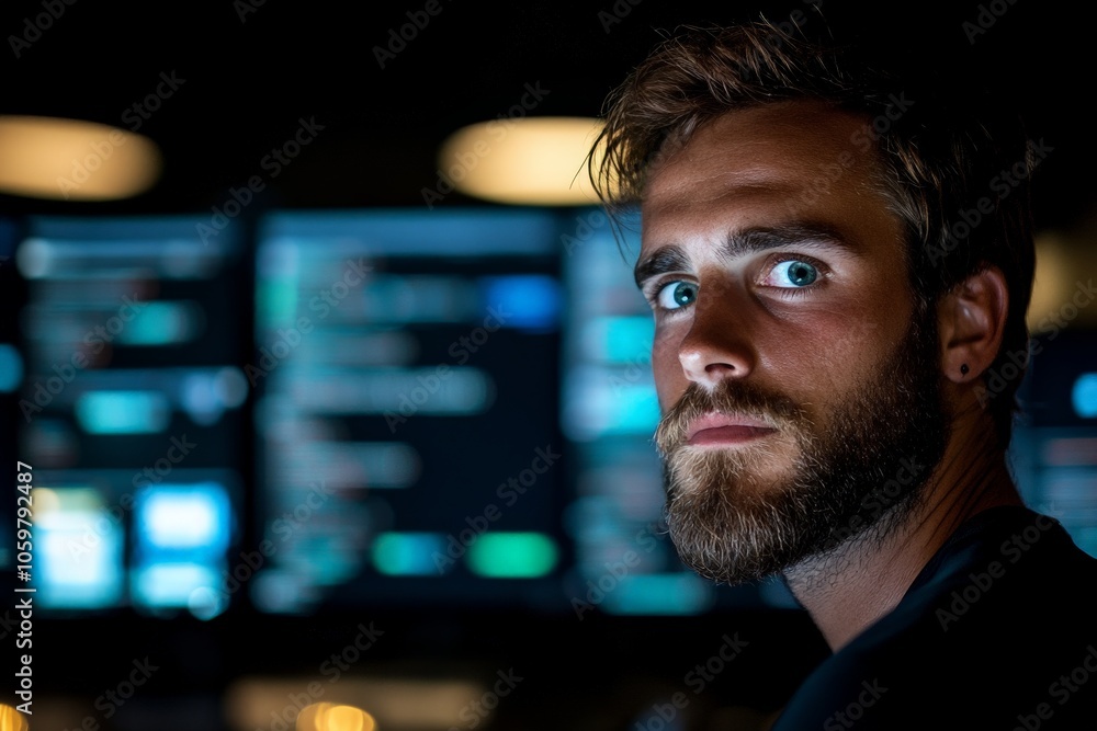 Poster a bearded man intently looks at multiple monitors filled with code, capturing the essence of modern 