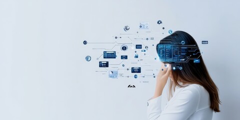 A woman glances thoughtfully, augmented with digital elements, embodying modern technology's influence on human identity in a sleek futuristic composition.