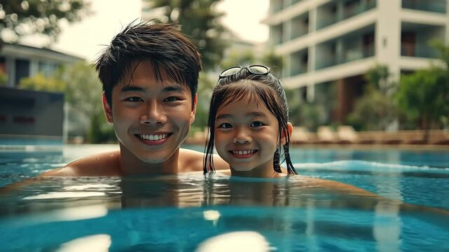 A lovely Asian girl and her father are having fun in the condo pool.