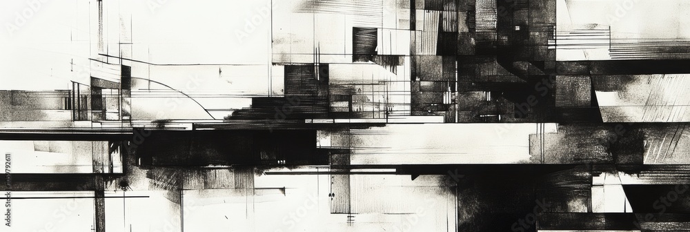 Poster the artwork showcases an intricate urban landscape with abstract lines and contrasting black section