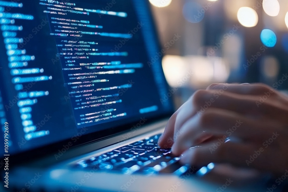 Poster hands swiftly typing code on a laptop keyboard at night, embodying dedication, focus, and the determ