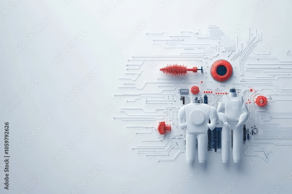 Poster two abstract robotic figures stand against a digital circuit backdrop, embodying innovation and the 