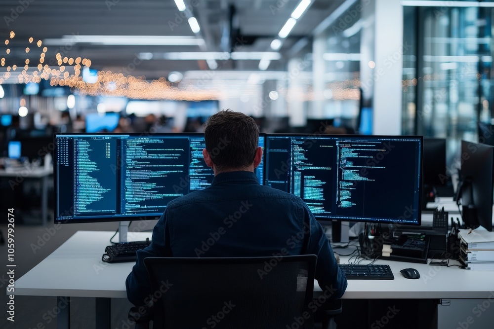Poster a man engaging with multiple computer screens in a modern office environment, indicating high produc