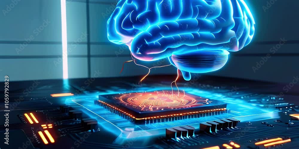 Poster 3d rendered image of a glowing blue brain hovering over a circuit board, symbolizing artificial inte