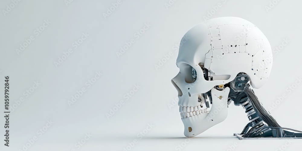 Poster the image showcases a futuristic robotic skull on a plain background, symbolizing the intersection o