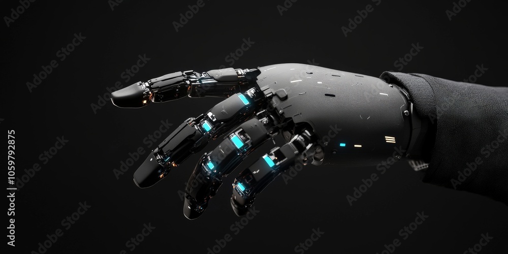 Poster the image features a futuristic black robotic hand with illuminated elements, symbolizing advancemen