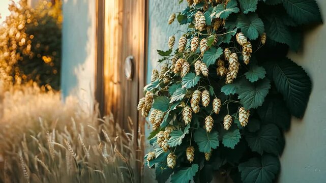 A close-up of a hop plant growing on a wooden door, with warm sunlight shining through the leaves