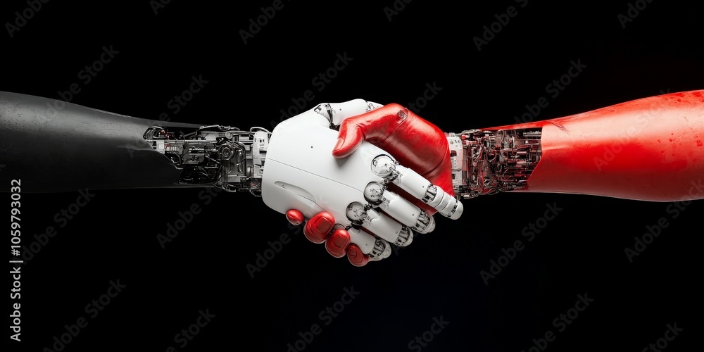 Aufkleber an artistic depiction of a robotic handshake with contrasting colors symbolizing the duality and bal