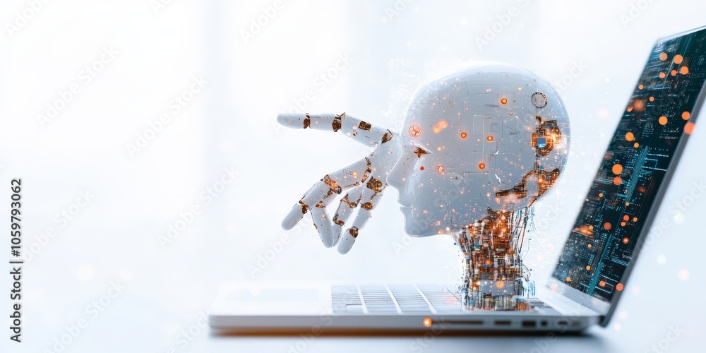Poster a robotic avatar with visible circuits emerges from a laptop, symbolizing ai evolution and the conti