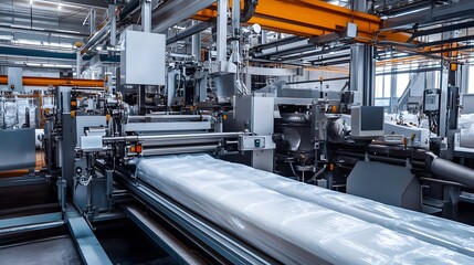 Fototapeta premium A powerful machine in the petrochemical industry, producing plastic bags from raw materials with precise control of temperature and pressure in the extrusion process.