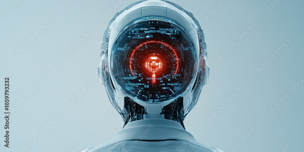 Poster an advanced robot head featuring a glowing central eye, surrounded by intricate digital circuitry, c