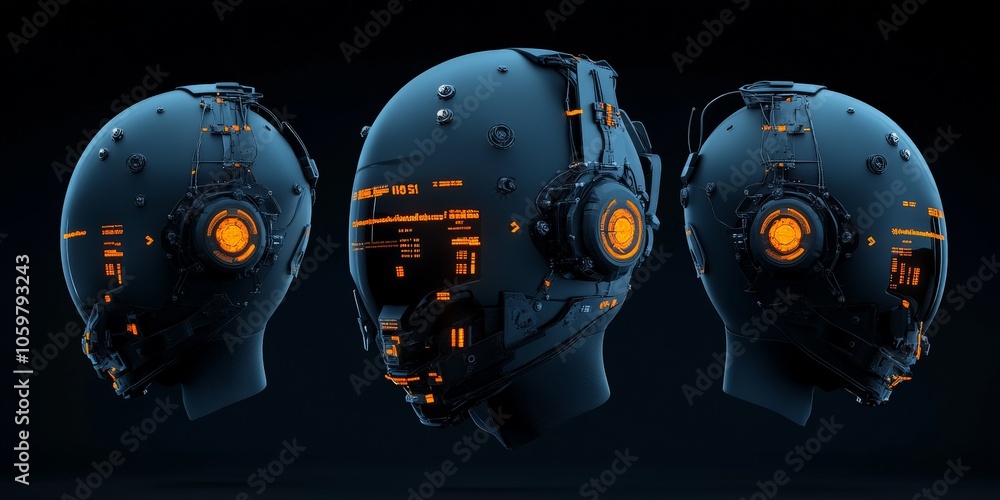 Poster three robotic helmets are aligned in a symmetrical fashion, each adorned with digital elements, symb