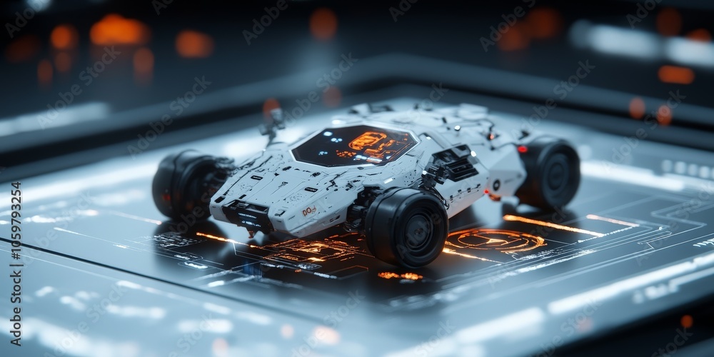Poster a highly detailed futuristic robotic vehicle rests on a sleek digital interface, combining technolog