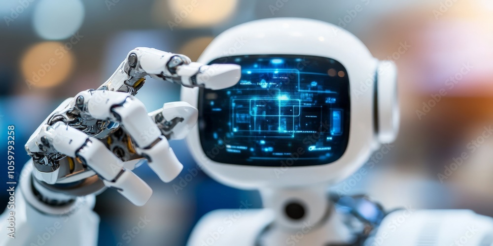 Poster a charming robot with a friendly demeanor features an expressive digital face, showcasing the mergin