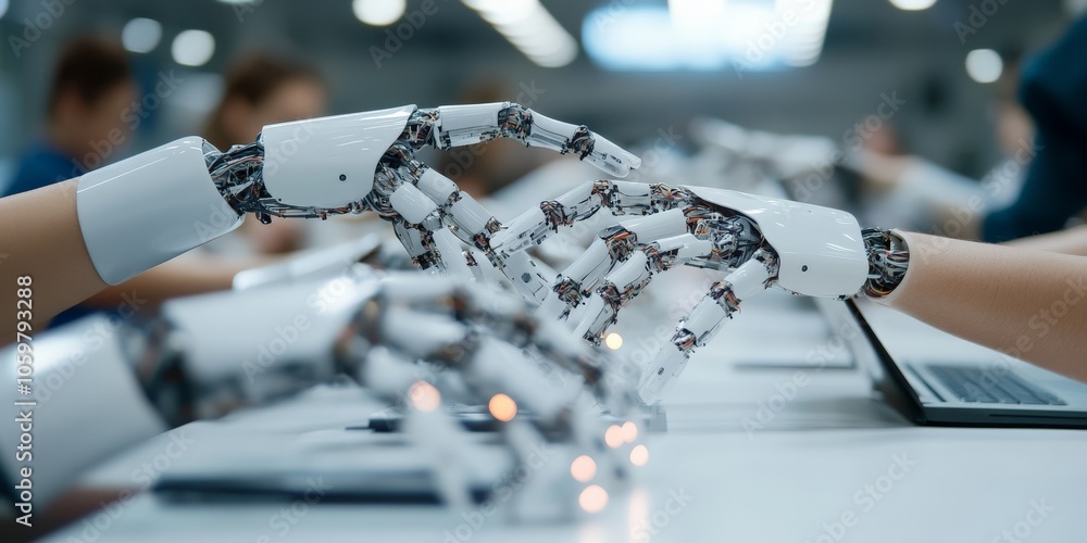 Poster a pair of advanced robotic hands reaching across a table towards human hands signifies the integrati