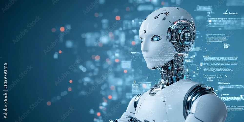 Poster a humanoid robot stands with digital code flowing in the background, representing the evolution of c
