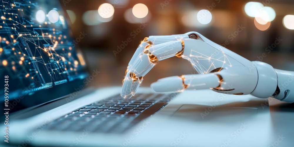 Poster a sophisticated robotic hand interacts with a keyboard, reflecting the seamless integration of techn