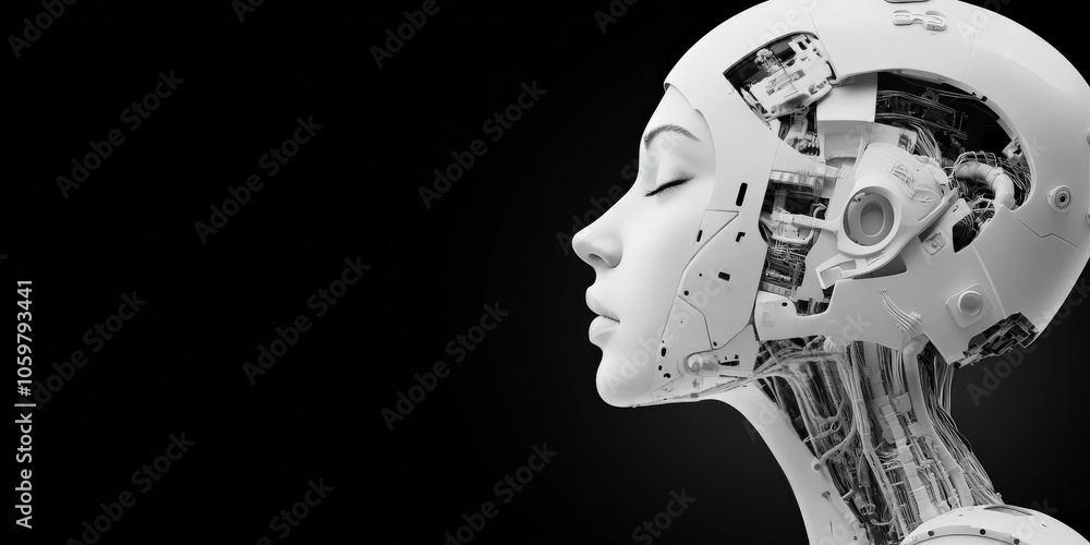 Poster side profile of a humanoid robot revealing intricate mechanical parts and circuits, representing the