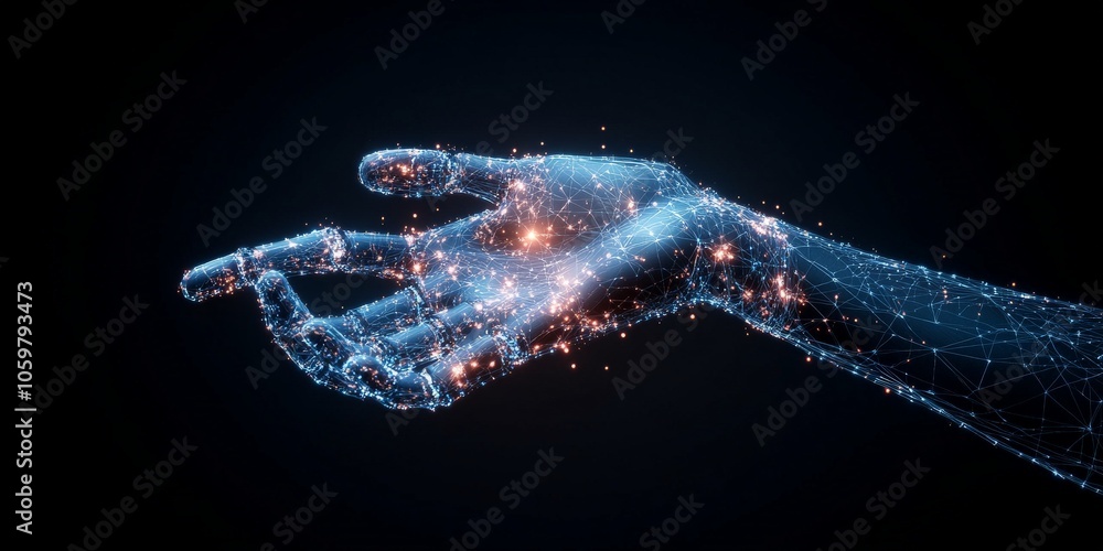 Poster a digital wireframe representation of a hand showcasing flowing circuit patterns and glowing lights,