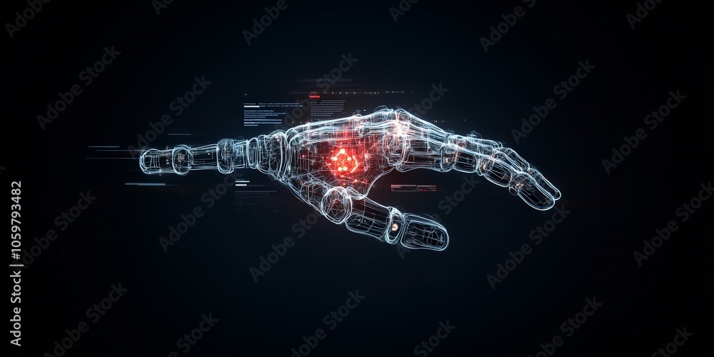 Poster holographic representation of a robotic hand with a glowing red core, symbolizing the power and pote