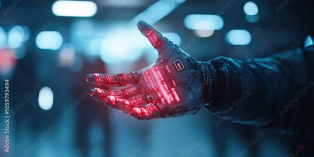 Poster a futuristic robotic hand showcasing illuminating red circuits, representing advanced technology and