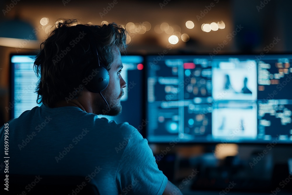 Aufkleber a male developer engrossed in coding on dual monitors in a dimly lit environment, suggesting a late-
