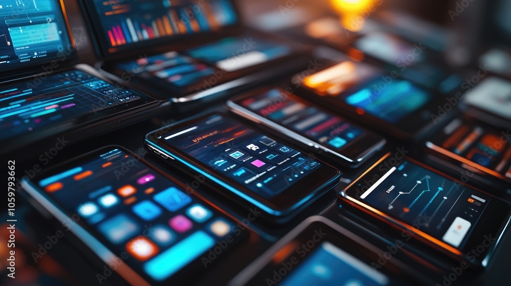 Poster modern devices with data visualizations and apps